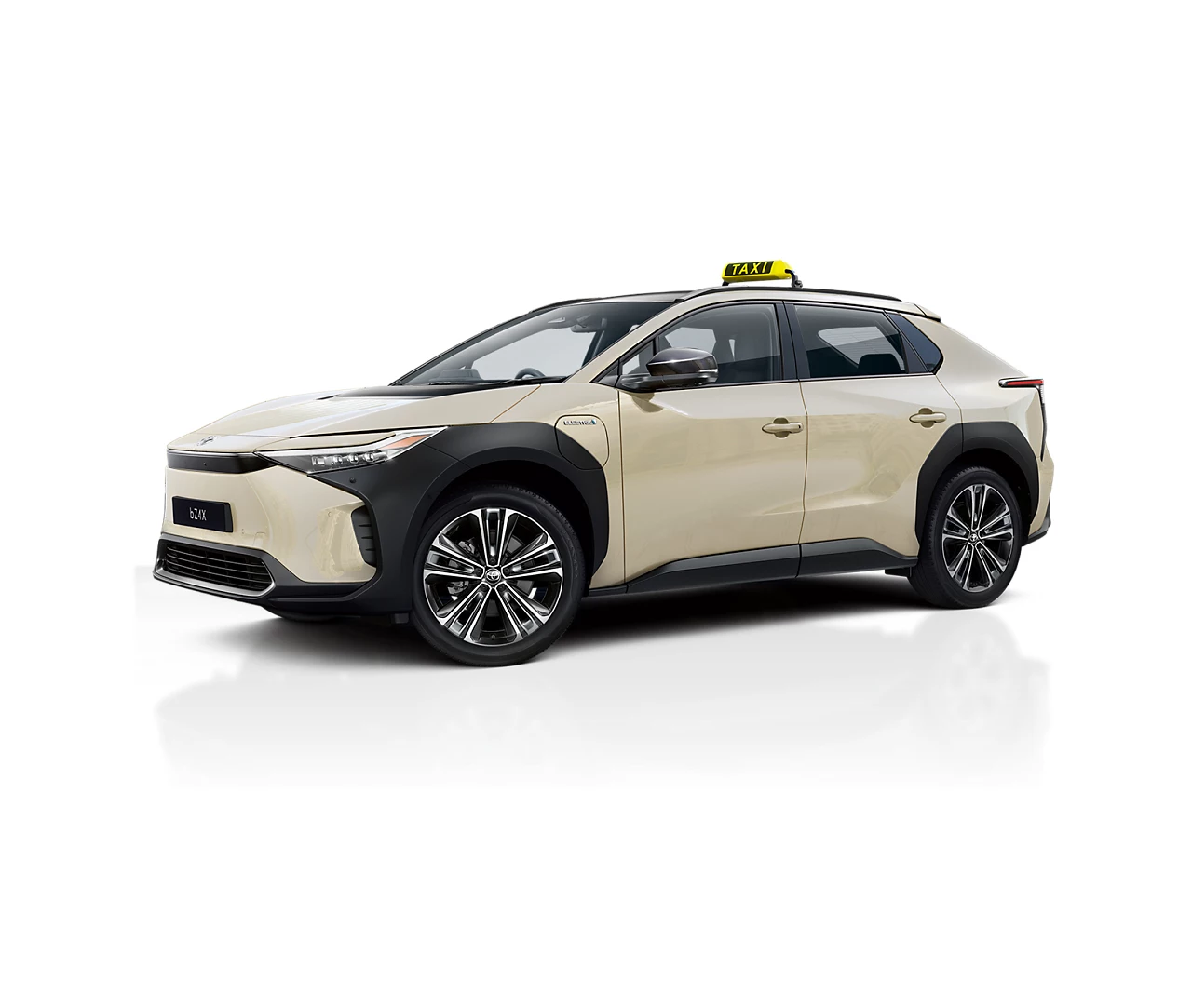 Beige/schwarzer bZ4X mit Taxi-Schild